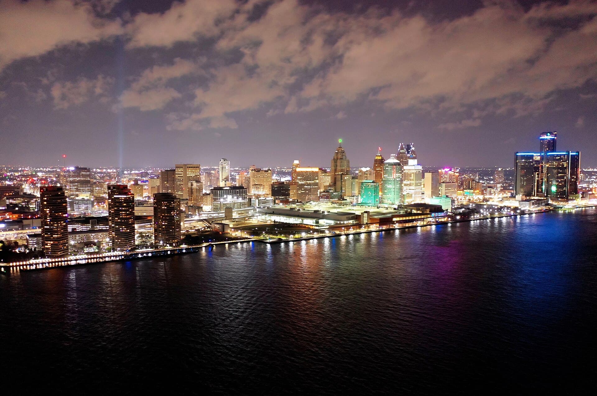 The Detroit skyline at night, seen across the river